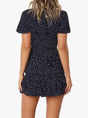 Navy Blue Polka Dot Mini Dress | V-Neck Short Sleeve | Size Small